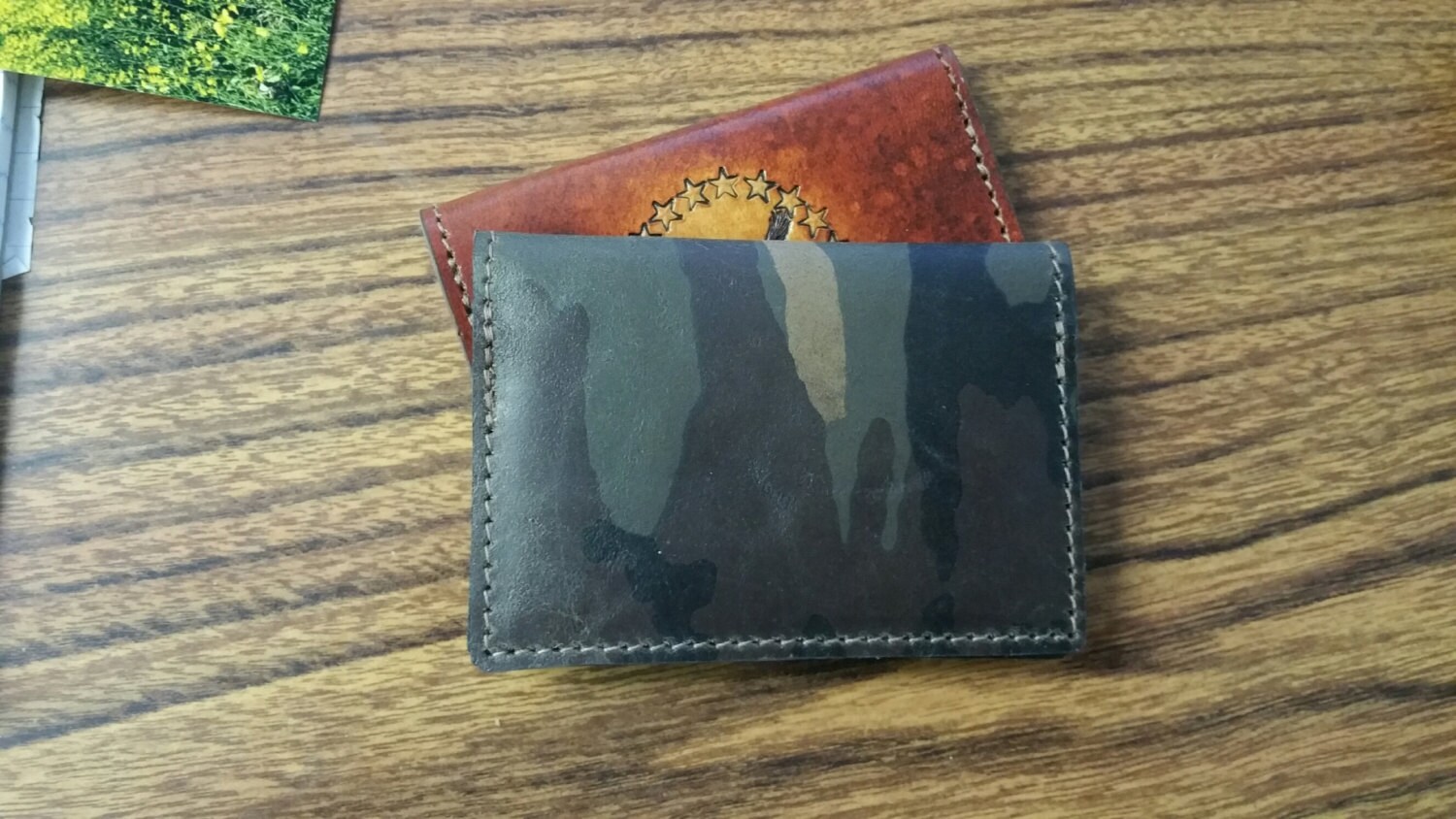 camouflage leather credit card wallet, business card case, minimalist bi fold wallet, will hold 2 to 10 cards, and cash,.. camouflage leather credit card