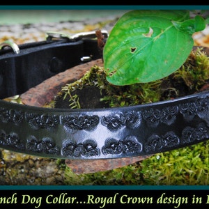 Black Leather Dog Collar 1 inch wide, Royal Crown design, nickle plate hardware, can be monogrammed... image 2