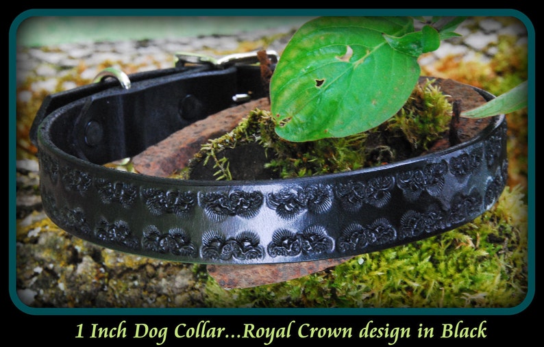 Black Leather Dog Collar 1 inch wide, Royal Crown design, nickle plate hardware, can be monogrammed... image 2