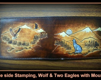 Personilized Men's Leather Wallet Eagles and Wolf, Hand Stamped Leather Billfold Stamped Front and Back all credit card inside