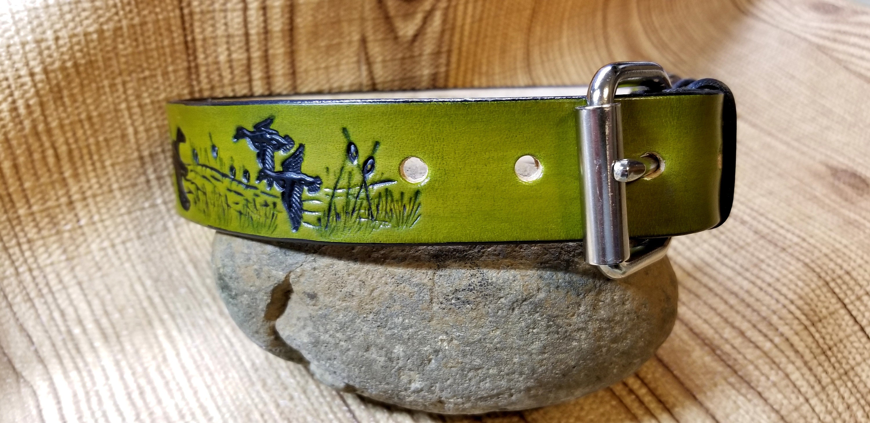 Hunting dog Olive green leather dog collar with name and heavy duty
