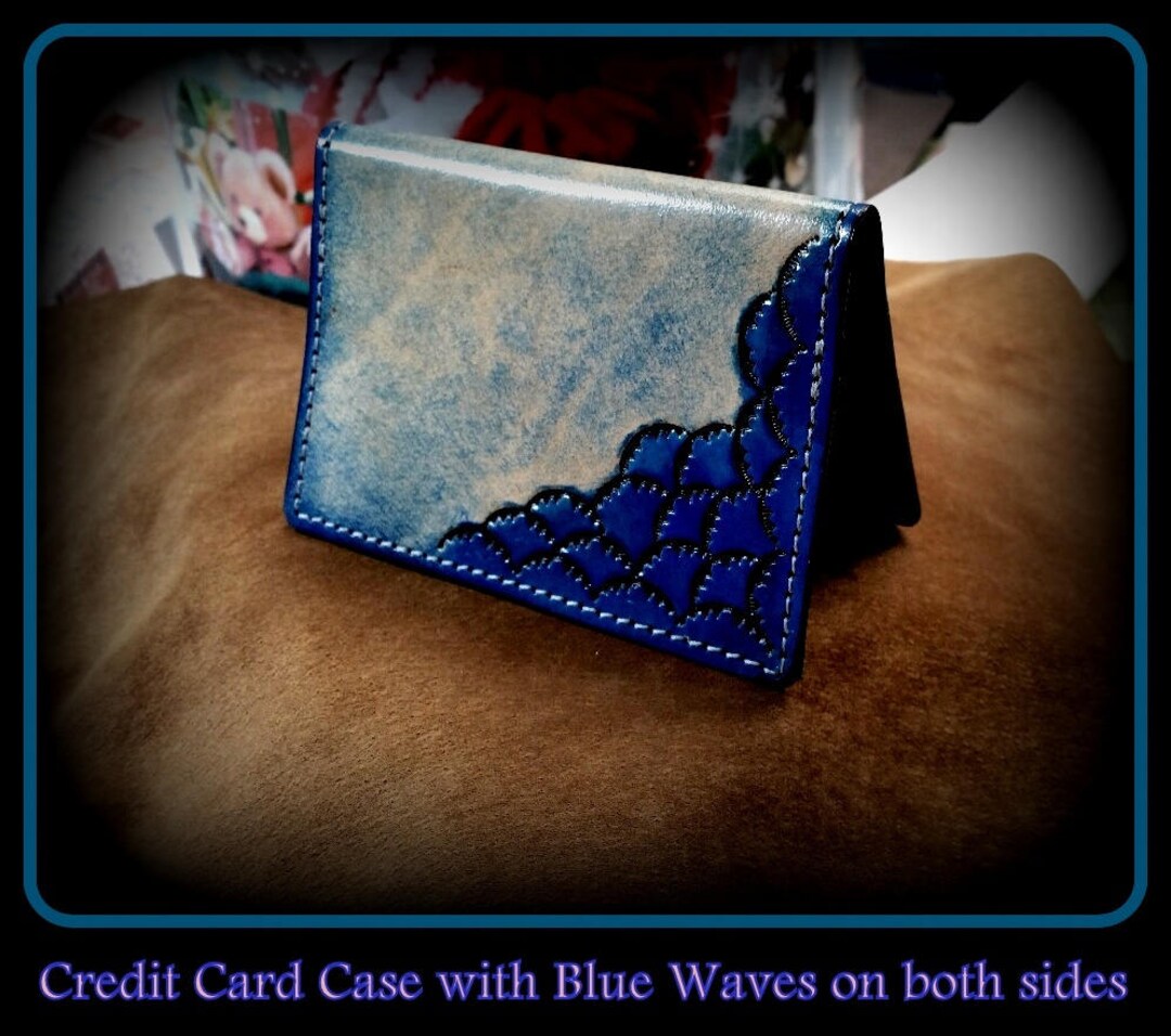 Blue Leather Credit Card Case, Mini Wallet Perfect Size for Credit and ...