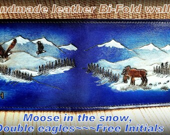 Father's Day gift, Men's Handmade Leather Wallet Eagles and Moose, Wild life Leather Billfold Stamped Front and Back, Navy Blue Man's purse