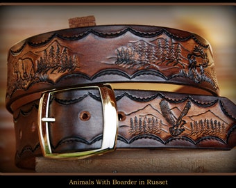 Animals, Eagle, Bear, Deer, Elk, Wolf, Leather Western Belt, Russet Brown With Background and border, Hand Made, FREE Name or State name.