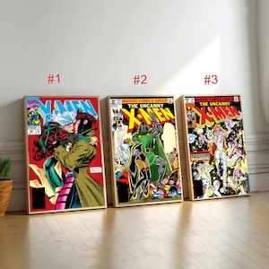 May include: Three framed comic book posters labelled #1, #2, and #3. Poster #1 shows Rogue and Gambit embracing. Poster #2 features Doctor Doom holding Storm. Poster #3 depicts various X-Men characters in a dynamic battle scene with the title The Uncanny X-Men.