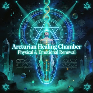 Puede incluir: Ilustración digital de una persona dentro de una forma geométrica brillante, con el texto "Arcturian Healing Chamber: Physical & Emotional Renewal". La imagen tiene un fondo cósmico con estrellas, planetas, cristales y una hélice de ADN.