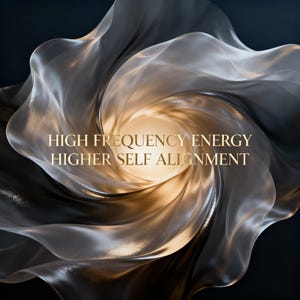 May include: Abstract image featuring swirling, translucent fabric in shades of white, gold, and black. The fabric is arranged in a spiral pattern, with a bright golden center. Text in gold lettering reads "HIGH FREQUENCY ENERGY HIGHER SELF ALIGNMENT."