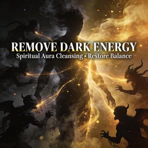 Può includere: Opera d'arte digitale con una figura luminosa circondata da figure oscure e ombrose. Il testo "REMOVE DARK ENERGY" è in evidenza, con "Spiritual Aura Cleansing • Restore Balance" sotto. Tema spirituale.