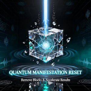 May include: A digital illustration features a shattered, crystalline cube emitting a bright blue light. The cube is breaking apart, with fragments floating around it. Text at the bottom reads "QUANTUM MANIFESTATION RESET" and "Remove Blocks & Accelerate Results."