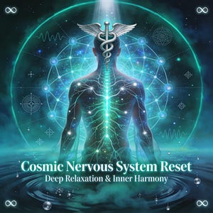 Puede incluir: Ilustración digital de la espalda de una persona con un sistema nervioso brillante, superpuesta con un símbolo de caduceo. La imagen presenta una combinación de colores turquesa y azul y el texto "Cosmic Nervous System Reset" y "Deep Relaxation & Inner Harmony".
