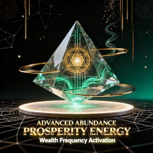 Könnte beinhalten: Digital gerenderte Abbildung einer transparenten, facettenreichen Pyramide mit aufwendigen goldenen geometrischen Designs. Die Pyramide wird von grünem und goldenem Licht beleuchtet und ruht auf einer kreisförmigen Plattform. Der Text "ADVANCED ABUNDANCE PROSPERITY ENERGY Wealth Frequency Activation" ist darunter zu sehen.