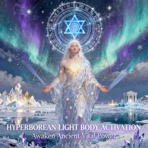 Puede incluir: Una figura de largo cabello blanco con una túnica translúcida brillante en un paisaje nevado con cristales de hielo. Arriba, un símbolo de estrella azul brillante en un círculo contra un cielo de aurora boreal. Texto: HYPERBOREAN LIGHT BODY ACTIVATION Awaken Ancient Vital Power.