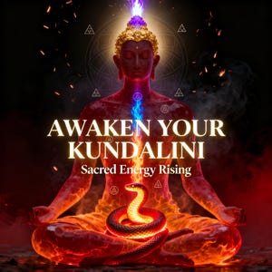 May include: Digital art of a meditating Buddha figure with a golden crown, radiating energy. The image features the text "AWAKEN YOUR KUNDALINI" and "Sacred Energy Rising". A serpent coils around the figure's base, with flames and sparks in the background.