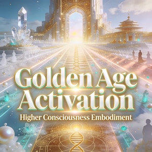 May include: Digital artwork depicting a radiant city with a golden hue, a path leading to a bright light, and the text "Golden Age Activation" and "Higher Consciousness Embodiment". The image includes crystals and a DNA strand.