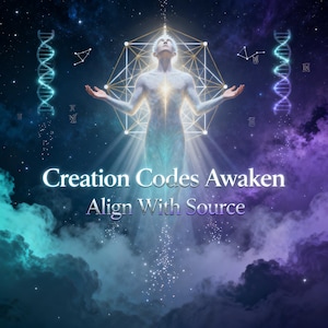 Puede incluir: Una obra de arte digital que muestra una figura humana brillante con los brazos extendidos, rodeada por una estructura de estrella geométrica, hélices de ADN y nubes de nebulosa estrellada. El texto dice: Creation Codes Awaken, Align With Source.