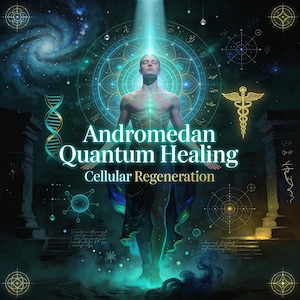 Puede incluir: Ilustración digital de una persona con los brazos extendidos, iluminada por un haz de luz. La imagen incluye el texto "Andromedan Quantum Healing" y "Cellular Regeneration", con un fondo celestial y diseños geométricos.