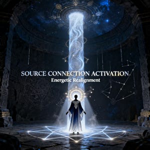 Pode incluir: Ilustração digital de uma figura com uma túnica escura dentro de uma câmara de pedra. Uma brilhante coluna de luz rodopiante desce do teto, iluminando a figura. O texto "SOURCE CONNECTION ACTIVATION, Energetic Realignment" é exibido.