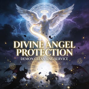 Może przedstawiać: Cyfrowa grafika przedstawiająca anioła z dużymi białymi skrzydłami, aureolą i złotą poświatą. Tekst "DIVINE ANGEL PROTECTION" i "DEMON CLEANSING SERVICE" jest wyświetlany złotymi literami na ciemnym tle z błyskawicami.