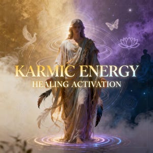 Könnte beinhalten: Ein spirituelles Bild mit einer Figur in weißen Gewändern und dem Text "KARMIC ENERGY HEALING ACTIVATION". Der Hintergrund zeigt einen Phönix, einen Schmetterling und eine Lotusblume. Die Farbpalette umfasst Gold, Lila und Weiß.
