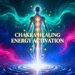 Op de afbeelding: Digitale kunst die een menselijke figuur toont met oplichtende energiecentra, omringd door wervelende teal, roze en blauwe kleuren. De tekst "CHAKRA HEALING ENERGY ACTIVATION" wordt weergegeven in gouden letters.