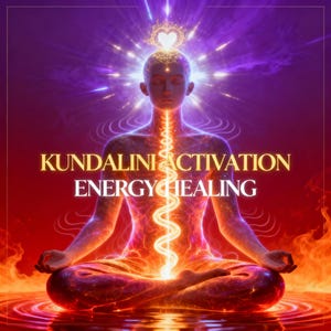 Könnte beinhalten: Digitales Kunstwerk, das eine Person in Meditation zeigt, umgeben von Energie. Der Text "KUNDALINI ACTIVATION ENERGY HEALING" in Gold vor einem roten und violetten Hintergrund. Das Bild vermittelt Themen der spirituellen Heilung.