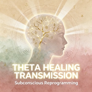 Puede incluir: Ilustración de un perfil de cabeza con un cerebro brillante y una estructura arbórea dorada. El fondo es suave y acuarelado, con las palabras "THETA HEALING TRANSMISSION" y "Subconscious Reprogramming" en blanco.