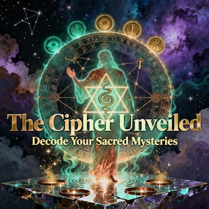 Peut inclure: Une illustration numérique montrant une figure centrale debout sur une plateforme fissurée, entourée d'une roue zodiacale lumineuse avec des symboles. Le texte indique The Cipher Unveiled et Decode Your Sacred Mysteries en doré.