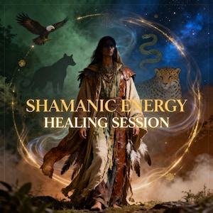 Puede incluir: Ilustración digital de una persona con una túnica fluida con plumas, rodeada por un lobo, un águila, una serpiente y un leopardo. El texto "SHAMANIC ENERGY HEALING SESSION" se muestra en letras doradas sobre un fondo estrellado.