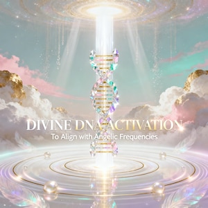 Può includere: Immagine eterea con un design a elica del DNA con sfaccettature cristalline, illuminata da un fascio di luce. Il testo recita "DIVINE DNA ACTIVATION" e "To Align with Angelic Frequencies". Lo sfondo include nuvole, accenti dorati e una piattaforma circolare.