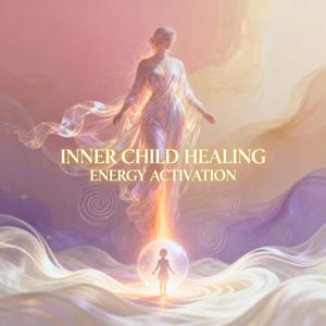 May include: Digital art featuring a luminous figure in a flowing gown, with the text "INNER CHILD HEALING ENERGY ACTIVATION." The artwork has a soft, ethereal quality with pastel colors and swirling light effects, suggesting themes of spirituality and well-being.