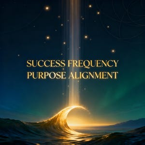 Puede incluir: Imagen digital artística con las palabras doradas "SUCCESS FREQUENCY PURPOSE ALIGNMENT". La imagen muestra una ola brillante con un haz de luz descendente, sobre un fondo azul oscuro y verde con estrellas.