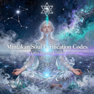 May include: A digital illustration of a person meditating in a lotus position, surrounded by swirling blue and purple cosmic clouds. Above the head is a glowing star symbol. Text reads: Mintakan Soul Purification Codes, Clarity Restored Within.