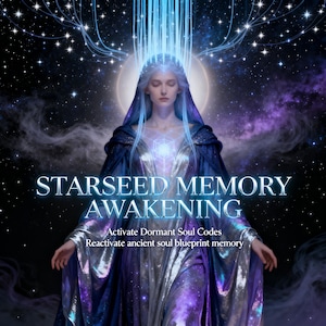 May include: Digital art featuring a woman in a flowing blue and purple gown, with a celestial background of stars and nebulas. The text "STARSEED MEMORY AWAKENING" is displayed prominently, along with the phrases "Activate Dormant Soul Codes" and "Reactivate ancient soul blueprint memory."