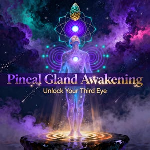 May include: A digital illustration featuring a glowing figure standing on a dark platform with the text Pineal Gland Awakening and Unlock Your Third Eye. Above the figure is a golden pinecone and geometric patterns against a purple nebula.