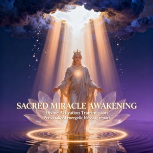 Op de afbeelding: Digitale kunst met een figuur in witte gewaden en een kroon, met een gloeiend hart, staand in een lotusbloem. De afbeelding wordt verlicht door gouden licht, met de tekst "SACRED MIRACLE AWAKENING".