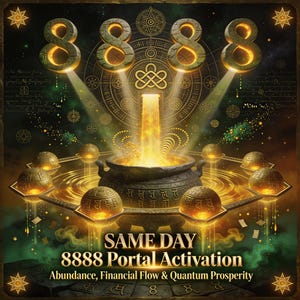 May include: Digital art featuring the number 8 repeated four times, with a glowing golden effect. A cauldron is at the center, with a stream of light pouring into it. Text reads "SAME DAY 8888 Portal Activation" and "Abundance, Financial Flow & Quantum Prosperity."