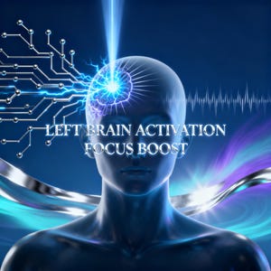 May include: A digital illustration depicts a human figure with a glowing brain, overlaid with a circuit board design and energy beams. Text reads "LEFT BRAIN ACTIVATION FOCUS BOOST" in white. The color palette is primarily blue.