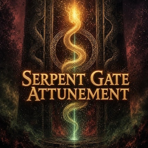 May include: A dark, textured stone gate features a glowing golden serpent coiled vertically in the center. The text SERPENT GATE ATTUNEMENT is displayed in gold lettering across the middle of the image against a dark, cosmic background.