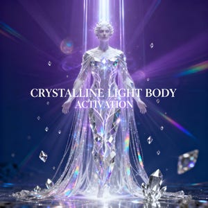 May include: A digital artwork depicts a figure in a crystalline gown, emanating light. The text "CRYSTALLINE LIGHT BODY ACTIVATION" is visible. The background is a mix of purple and blue tones, with beams of light.