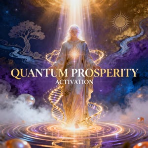 Op de afbeelding: Een artistieke afbeelding met een vrouw in vloeiende gewaden, badend in gouden licht. De tekst "QUANTUM PROSPERITY ACTIVATION" is prominent aanwezig. De achtergrond bevat een gestileerde boom, een zon en een DNA-achtige spiraal.
