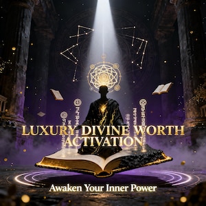May include: A digital illustration featuring a silhouetted figure meditating atop an open book, with the words "LUXURY DIVINE WORTH ACTIVATION" in gold. The image has a mystical theme, with constellations and a beam of light.