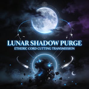 Può includere: Opera d'arte digitale con una luna piena in un cielo scuro e nuvoloso. Il testo "LUNAR SHADOW PURGE" e "ETHERIC CORD CUTTING TRANSMISSION" è visualizzato in blu brillante. L'immagine include lame a mezzaluna stilizzate e forme geometriche.