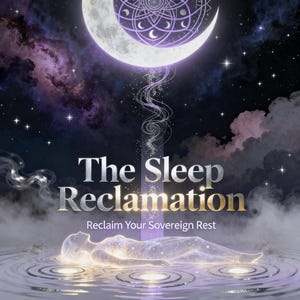 Op de afbeelding: Een digitale illustratie met een gloeiende figuur die op waterrimpelingen ligt onder een grote maansikkel. De tekst luidt The Sleep Reclamation en Reclaim Your Sovereign Rest in zilveren en gouden letters tegen een donkere sterrenhemel.