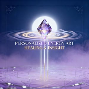 Pode incluir: Obra de arte digital com um cristal em forma de diamante com tons roxos e dourados, emitindo luz. O texto "PERSONALIZED ENERGY ART HEALING & INSIGHT" é exibido abaixo do cristal, em um fundo cósmico com padrões giratórios e uma lua brilhante.