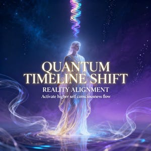 May include: Digital art featuring a figure in flowing white robes, with text that reads "QUANTUM TIMELINE SHIFT" and "REALITY ALIGNMENT". A colorful energy stream emanates from the figure's head. The background is a gradient of blues and purples.