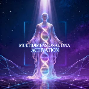 Może przedstawiać: Grafika cyfrowa przedstawiająca postać z świecącym wzorem helisy DNA, promieniującym światłem. Obraz ma niebiańskie tło z białym tekstem "MULTIDIMENSIONAL DNA ACTIVATION". Paleta kolorów obejmuje odcienie niebieskiego, fioletowego i złota.