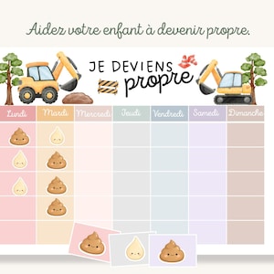 Peut inclure: Un tableau de propreté avec le texte "JE DEVIENS propre" et "Aidez votre enfant à devenir propre." Le tableau présente une mise en page hebdomadaire avec des illustrations de pelles mécaniques et des symboles de déchets. Le tableau est conçu pour aider les enfants à l'apprentissage de la propreté.