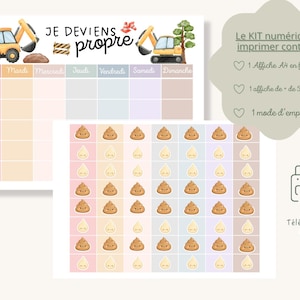 Peut inclure: Un tableau d'apprentissage de la propreté imprimable avec la phrase « JE DEVIENS propre » et un calendrier hebdomadaire. Comprend des autocollants avec des emojis de caca et de pipi souriants. Le kit comprend également une affiche A4 PDF, 50+ éléments et des instructions.