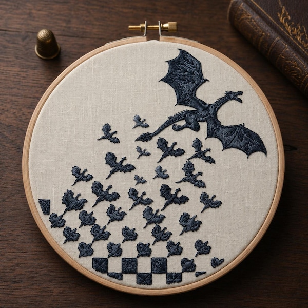 Dragon Embroidery Kit - Flying Fantasy Creatures Gothic Decor - Gift for Book Lovers - DIY Needlework Project