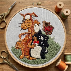 Cat Embroidery Kit - Bill and Opus Penguin Comic Art - Retro 80s Humor DIY Gift - Funny Animal Hoop Decor Relaxing Craft Project